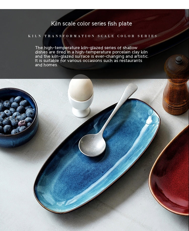 Glaze Kiln Oval Fish Dish Household Dinner Plate Long Plate Swing Plate