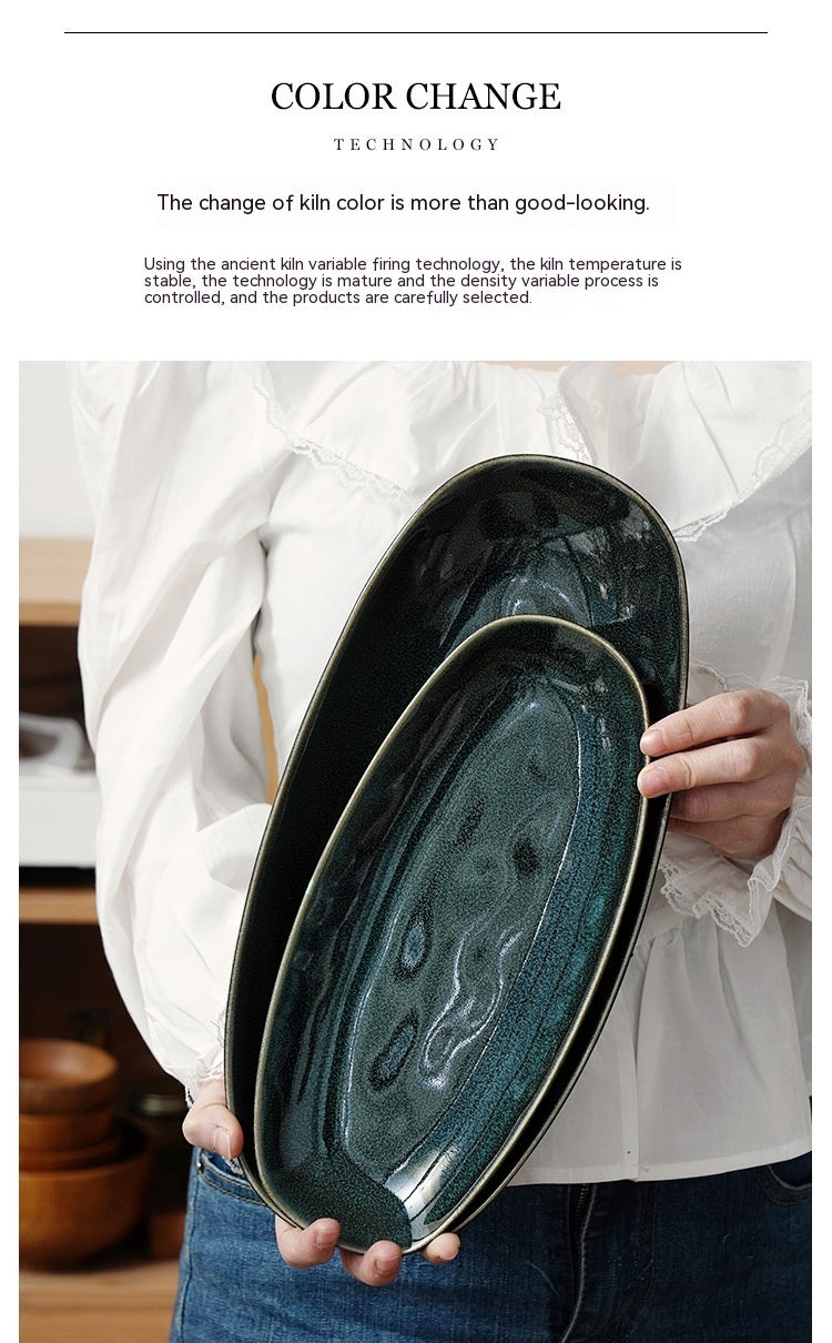Glaze Kiln Oval Fish Dish Household Dinner Plate Long Plate Swing Plate